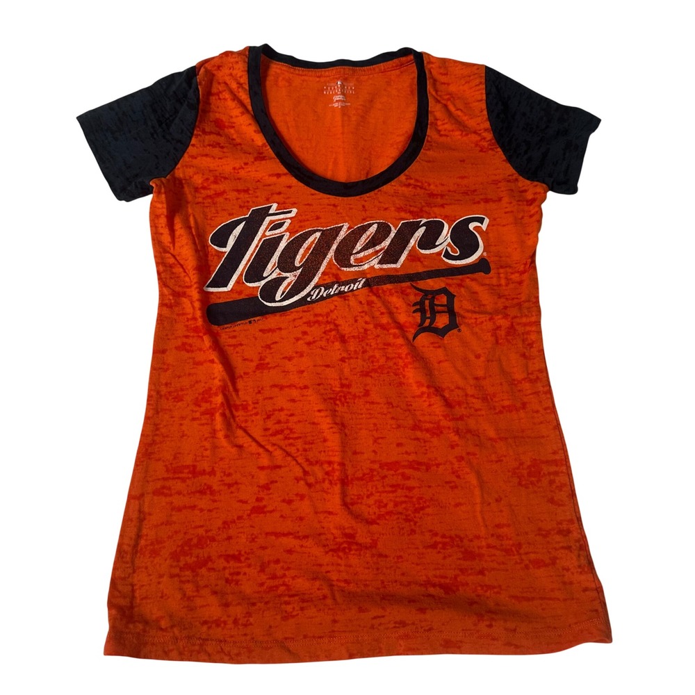 Detroit Tigers MLB Campus Lifestyle Women Orange Burnout Graphic Tee Shirt M